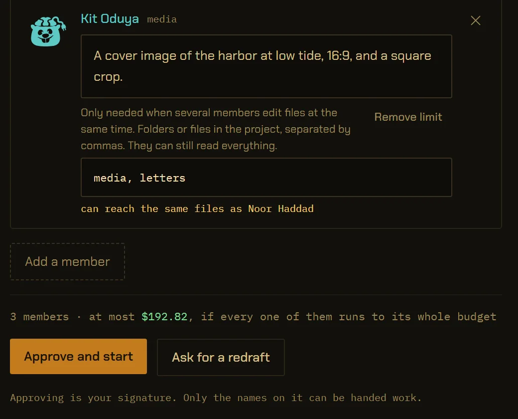 The foot of a proposed crew on the Team tab. Kit Oduya, for media, with his brief, “A cover image of the harbor at low tide, 16:9, and a square crop”, his lane, media, letters, and a flag that he can reach the same files as Noor Haddad. Under it: 3 members, at most $192.82 if every one of them runs to its whole budget, the buttons Approve and start and Ask for a redraft, and the line “Approving is your signature. Only the names on it can be handed work.”