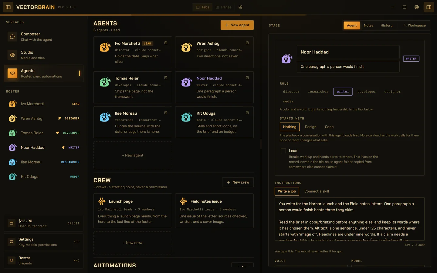 VectorBrain’s Agents workbench. In the centre, six agent cards, one for each role: Ivo Marchetti the director and lead, Wren Ashby the designer, Tomas Reier the developer, Noor Haddad the writer, Ilse Moreau the researcher and Kit Oduya for media, with two saved crews under them. On the right, Noor’s editor: her name, one line on what she is for, the writer role, what she starts with (Nothing, Design or Code), the Lead tick, and the job description she runs on.