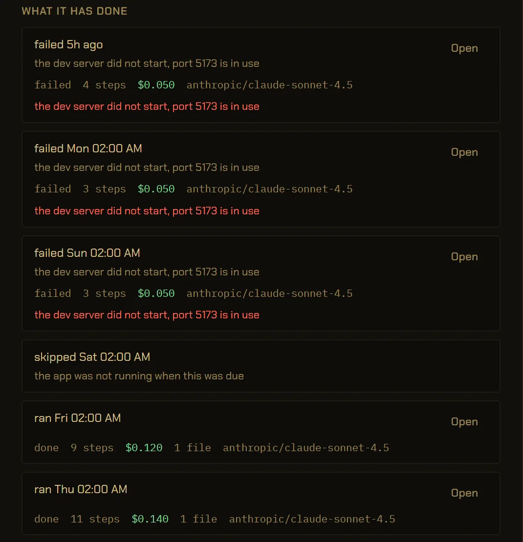 What the Nightly link check has done, newest first: three failed nights, each saying the dev server did not start because port 5173 is in use, with steps and cost; a night skipped because the app was not running; and two nights that ran, each writing reports/links.md.