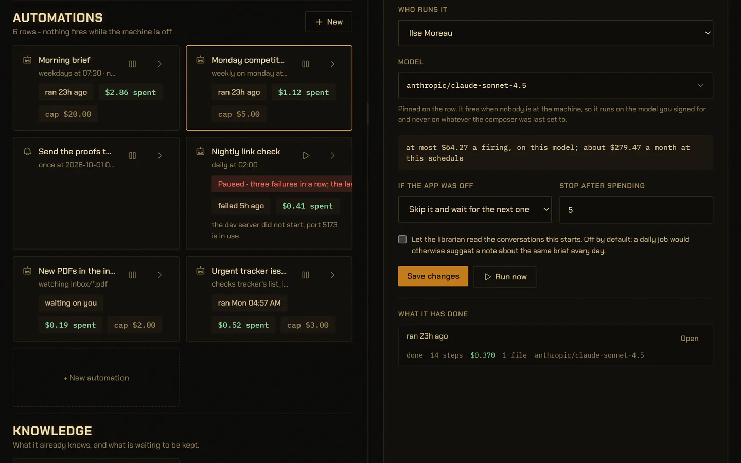 Six automations as cards on VectorBrain’s Agents workbench: Morning brief, weekdays at 07:30; Monday competitor check; a reminder to send the proofs; Nightly link check, paused after three failures; New PDFs in the inbox; Urgent tracker issues. On the right, the Monday competitor check open: who runs it, its pinned model, the cost line, what to do if the app was off, a $5 cap, and the one run it has done.
