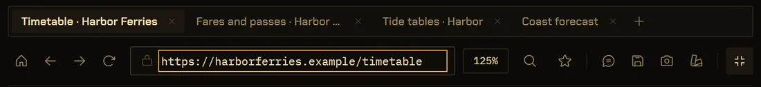 The browser pane’s bar. Four tabs: the ferry timetable in front, fares, tide tables and a coast forecast. Below, home, back, forward and reload, the address https://harborferries.example/timetable, a 125% zoom chip, find, keep, and buttons to ask about the page, save it, capture it, save it to Taste and leave full screen.