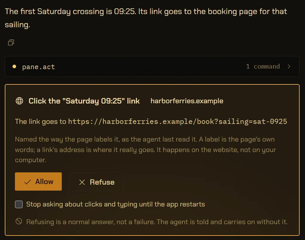 An approval card in the conversation: Click the “Saturday 09:25” link, on harborferries.example. The link goes to https://harborferries.example/book?sailing=sat-0925. A note says the element is named the way the page labels it and that this happens on the website, not on your computer. Allow, Refuse, a box to stop asking about clicks and typing until the app restarts, and the line that refusing is a normal answer, not a failure.