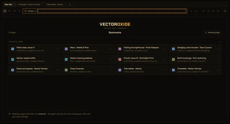VectorOxide full screen inside VectorBrain, on its start screen: a new tab beside two open ones, the address bar with Find, Keep, Ask, Save, Capture, Taste and Full screen at its right, the VECTOROXIDE wordmark over the words Native Rust Browser, and twelve kept pages.