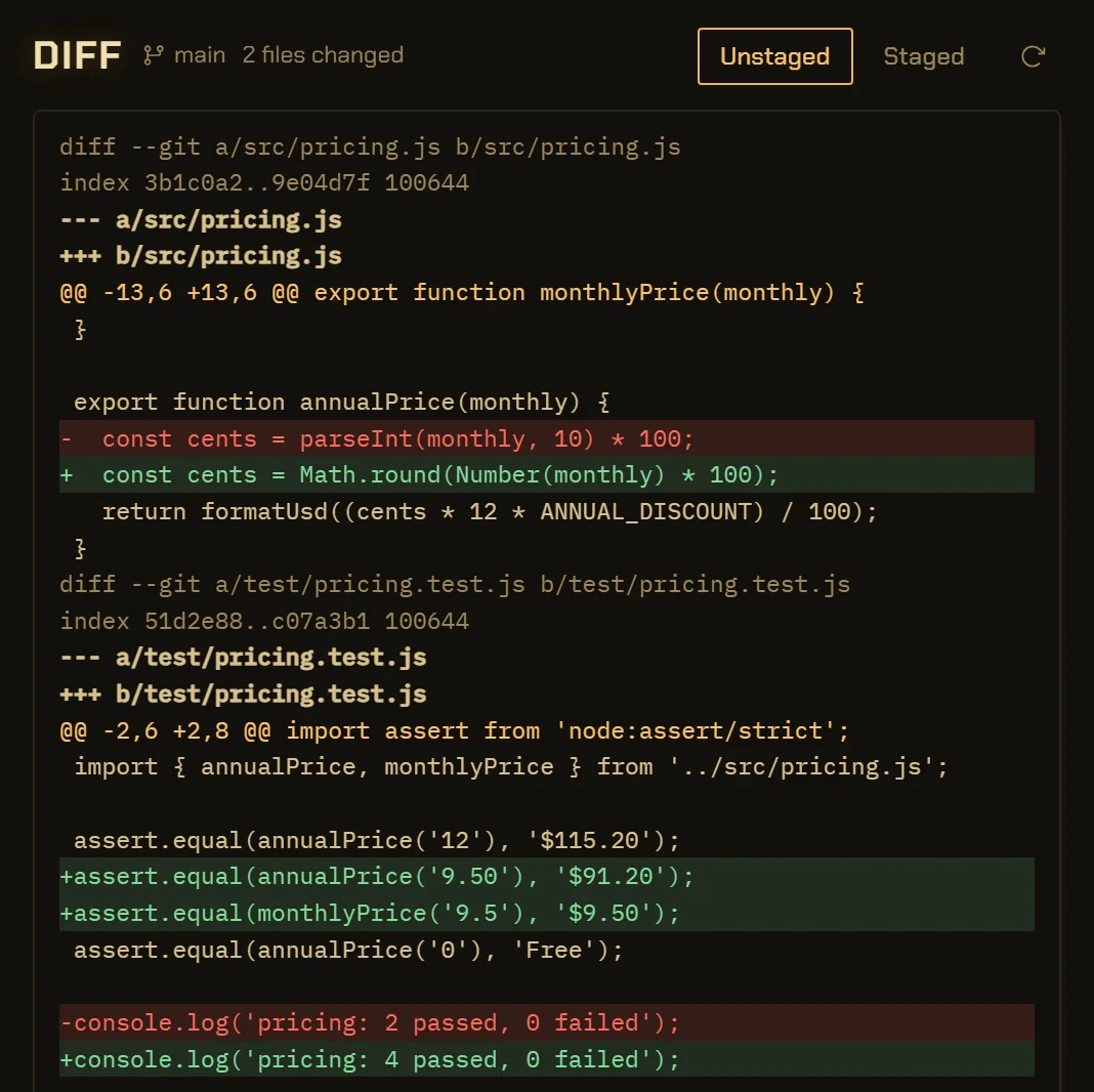 The Changes tab in Settings: the unstaged diff on branch main, two files changed, src/pricing.js and test/pricing.test.js. One line replaces parseInt with Math.round(Number(monthly) * 100), and two assertions are added to the test.