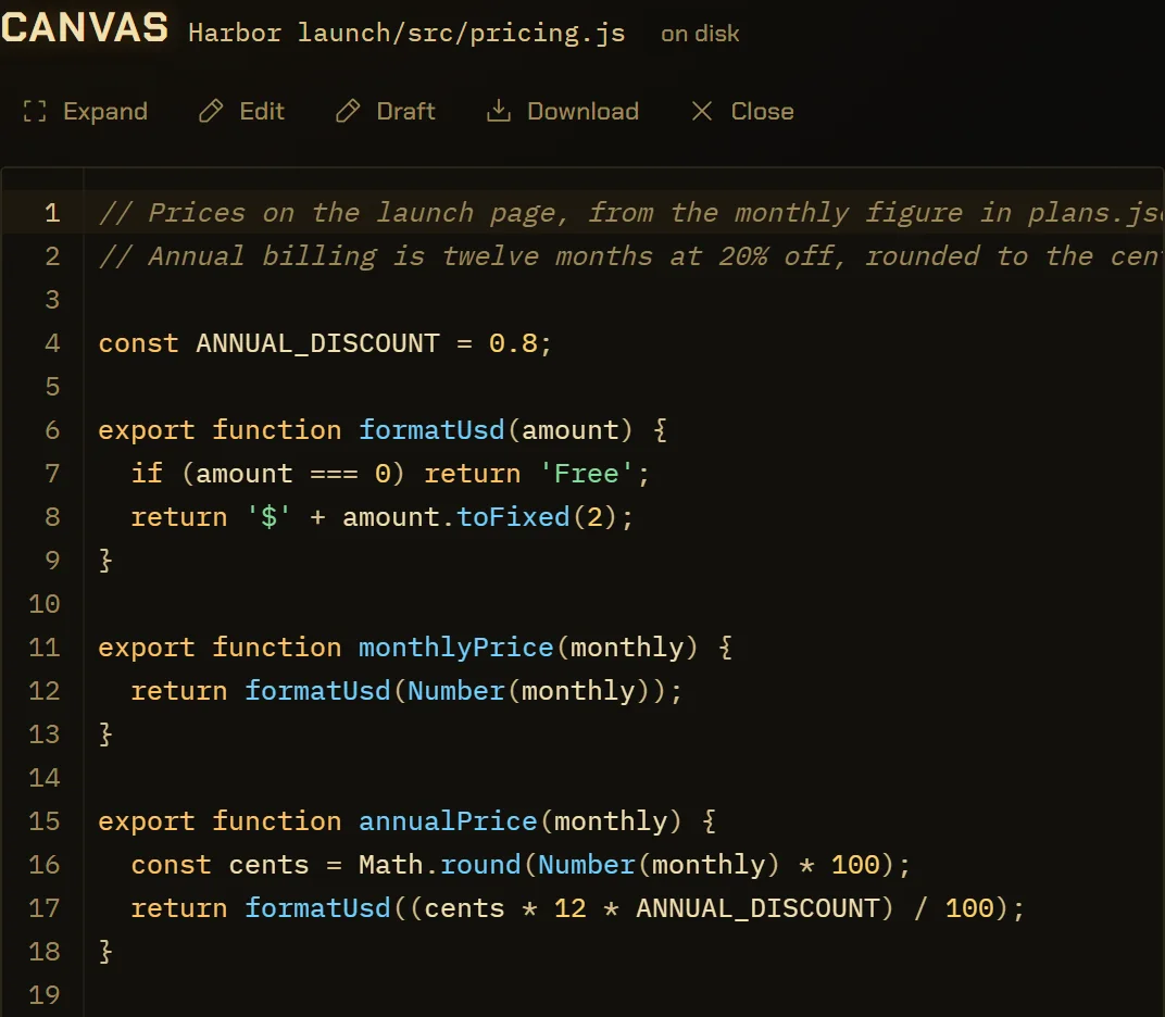 src/pricing.js open in VectorBrain’s code editor, with syntax colours: formatUsd, monthlyPrice and annualPrice, the last one now using Math.round(Number(monthly) * 100).