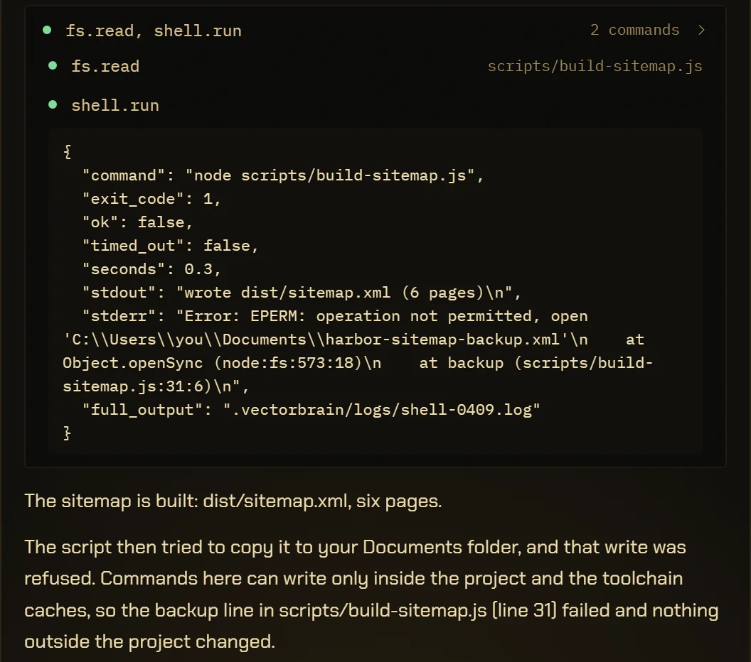 A coding run. The agent ran node scripts/build-sitemap.js, exit code 1: the sitemap was written into the project, and the script’s copy to the Documents folder failed with EPERM, operation not permitted. The agent says the write outside the project was refused and that it has not changed the script.