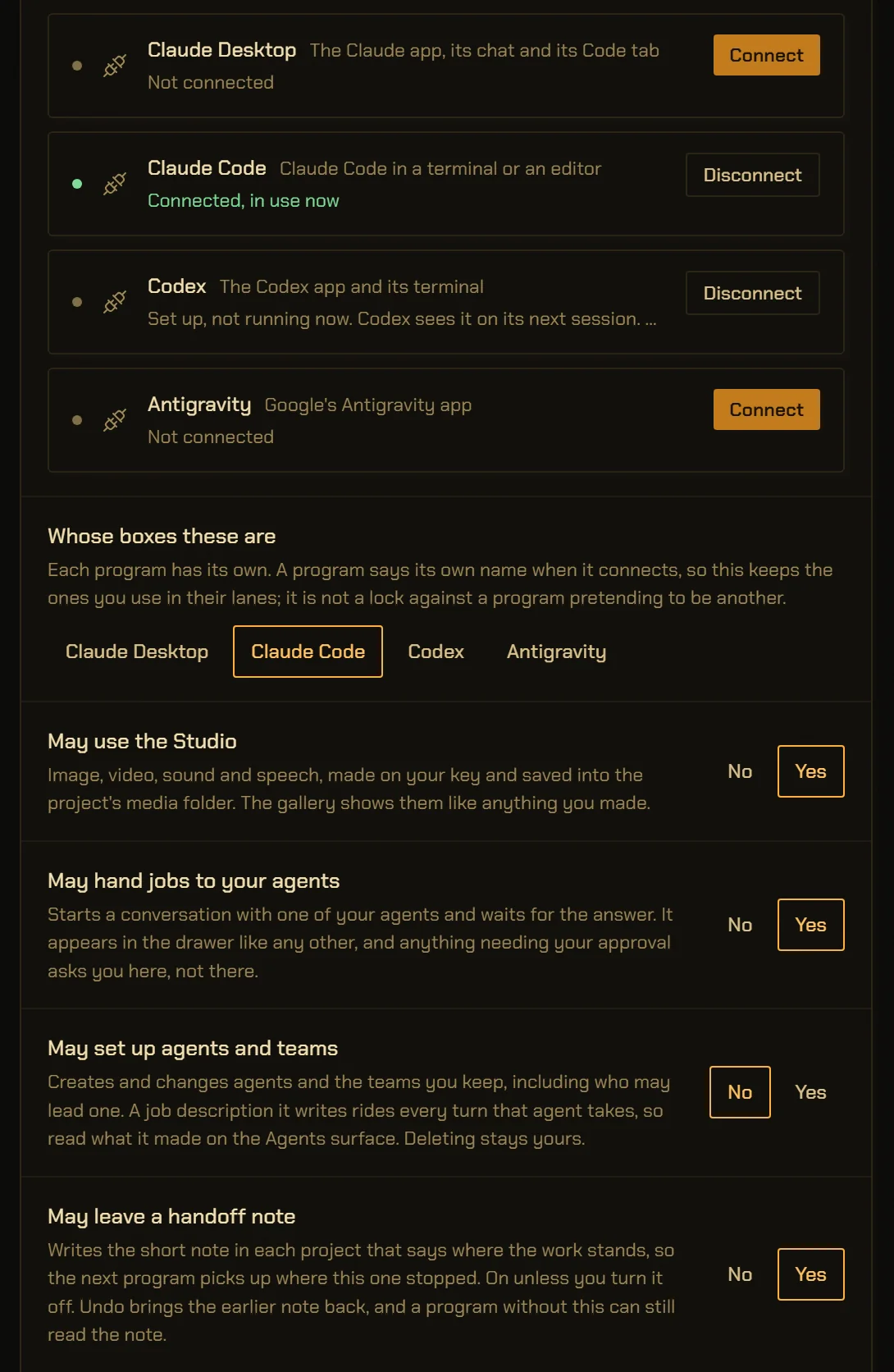 Settings, Companions. Four programs, each with what it covers: Claude Desktop and Antigravity not connected, Claude Code connected and in use now, Codex set up but not running. Below, Claude Code’s four boxes, each with a No and a Yes: use the Studio (yes), hand jobs to your agents (yes), set up agents and teams (no), leave a handoff note (yes).