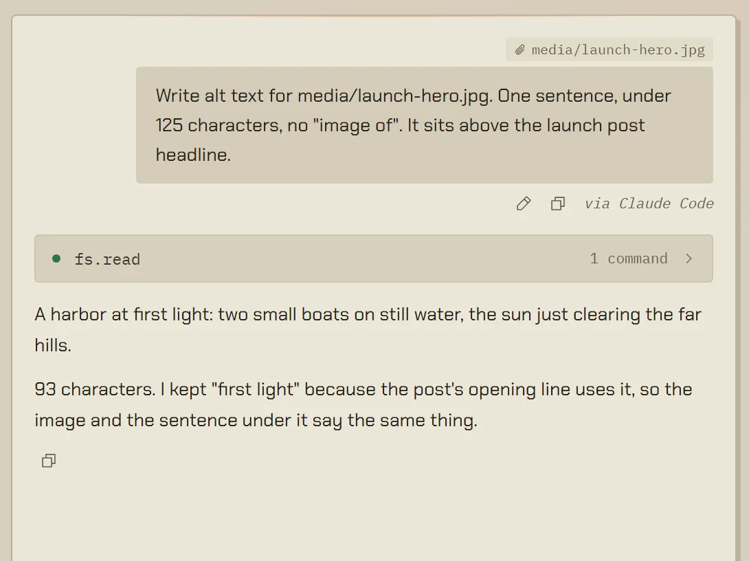 A conversation with Noor Haddad, a writer agent, in VectorBrain’s light theme. The request carries the attached file and the line ‘via Claude Code’. Noor read one file, then answered with a sentence of alt text and why she chose it.