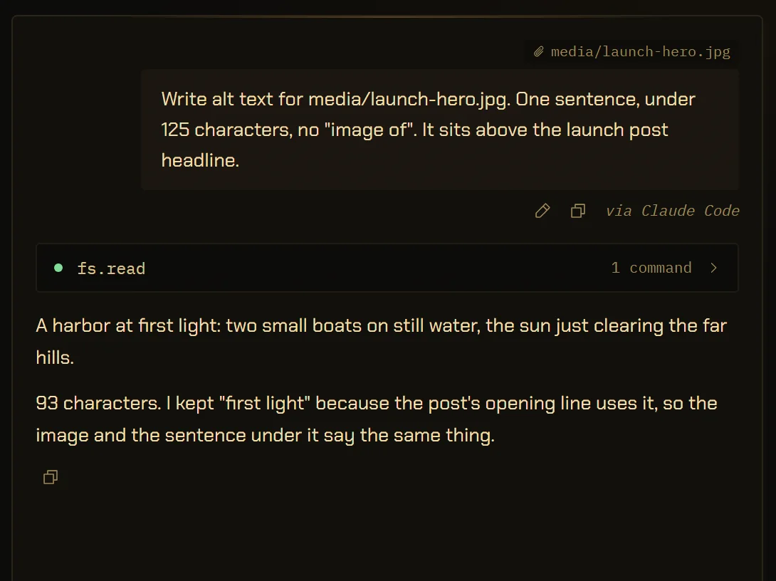 A VectorBrain conversation marked “via Claude Code”: a request for alt text on media/launch-hero.jpg, one fs.read command, and a 93-character answer.