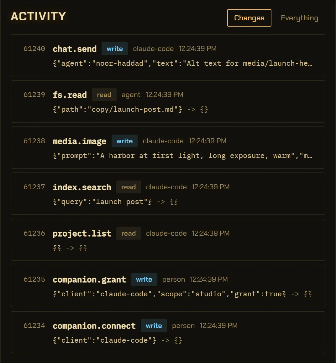 VectorBrain’s journal. Seven rows, newest first: four calls by claude-code (a message to an agent, a generation, a search and a project list), an fs.read by the agent, and the person’s own companion.grant and companion.connect.