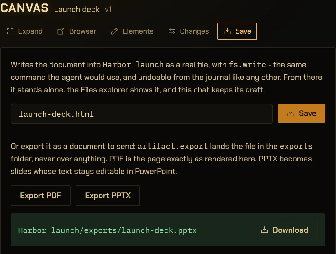 The Canvas’s Save view for the launch deck: save it into the project as launch-deck.html, or export it, with Export PDF and Export PPTX. Below them, the export has landed: Harbor launch/exports/launch-deck.pptx, with a Download button.