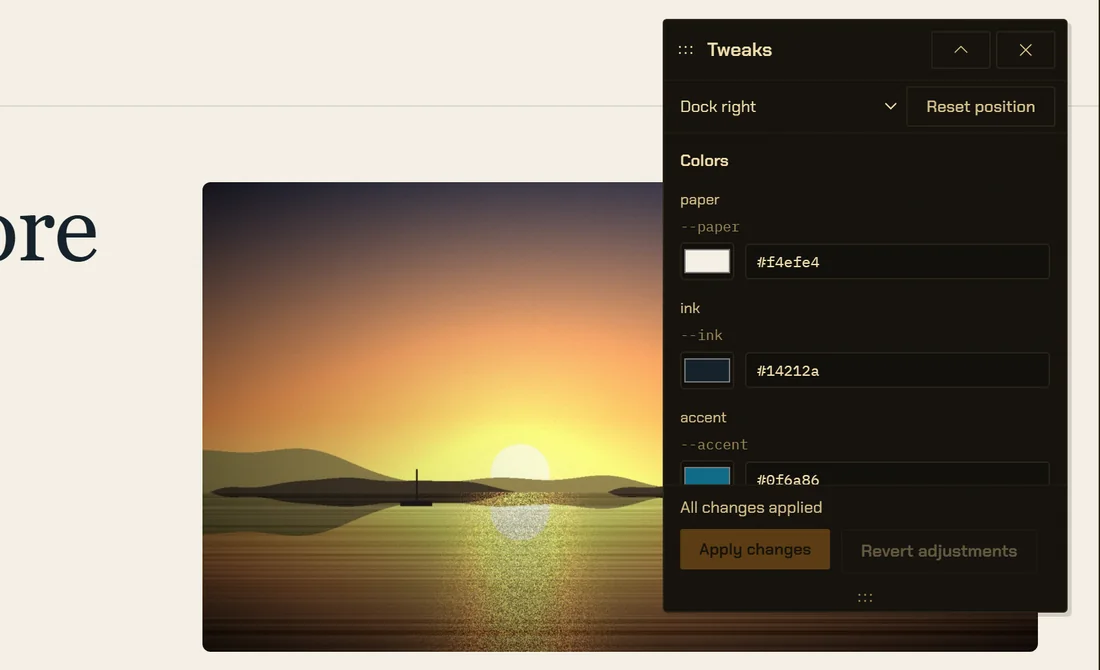 A landing page for Harbor, a tide-table app, in the Canvas: a harbor at sunrise with the Tweaks window docked over it. The window lists the page’s own design tokens as controls, starting with its paper, ink and accent colors, with Apply changes and Revert adjustments at the foot.
