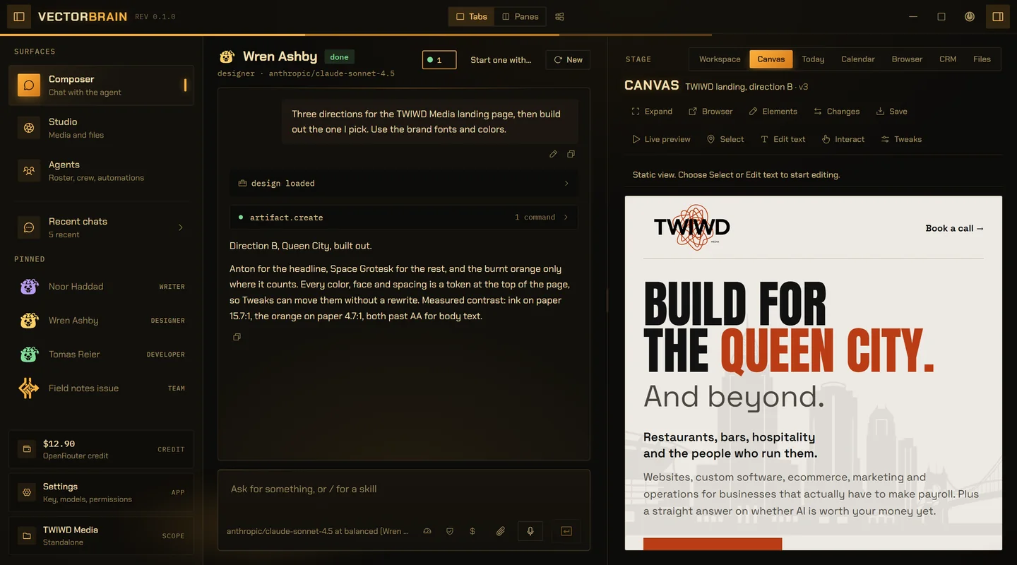 VectorBrain’s real interface. A conversation with Wren Ashby, the designer agent, asks for three directions for the TWIWD Media landing page in the brand’s fonts and colors; a folded line says design loaded, and the Canvas beside it shows direction B: “Build for the Queen City. And beyond.”