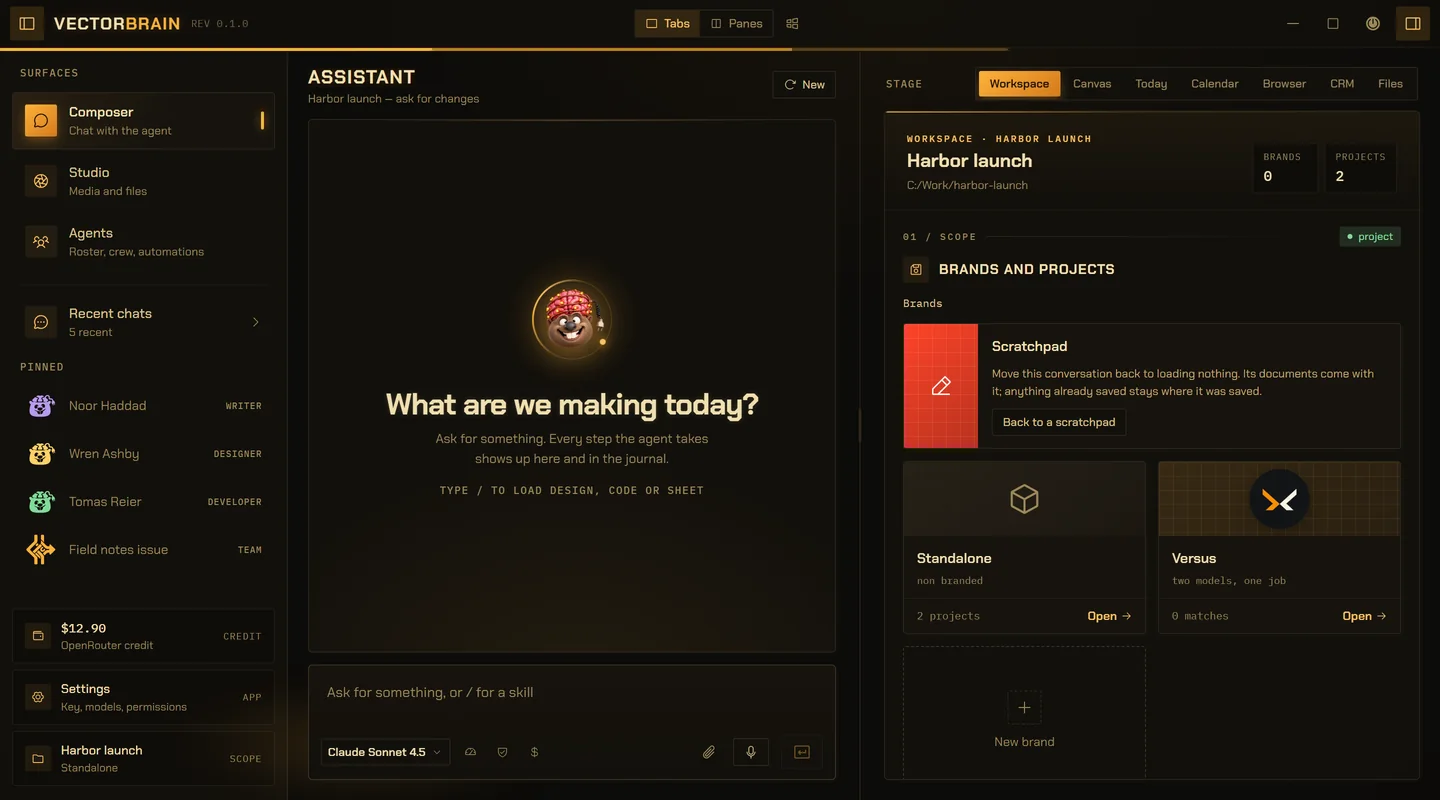 A new conversation in VectorBrain, about the Harbor launch project. The middle column asks “What are we making today?” and says to type a slash to load design, code or sheet; the stage beside it already shows the project.