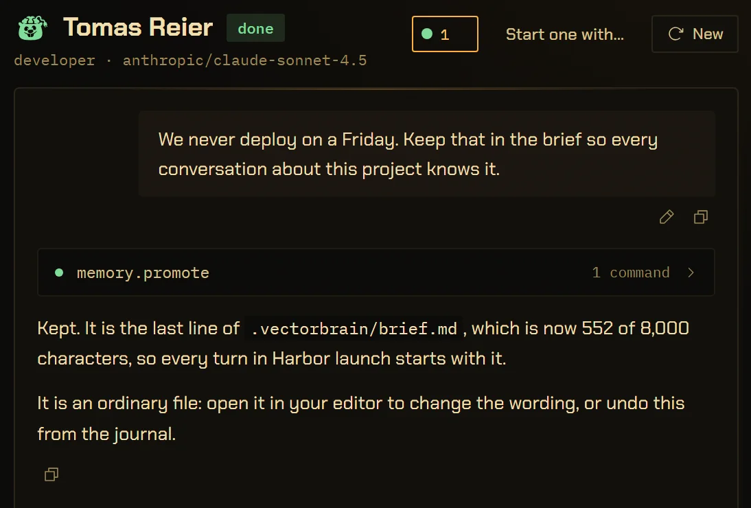 A conversation with Tomas Reier. The person asks to keep “we never deploy on a Friday” in the brief. One memory.promote command runs, and the reply says it is now the last line of .vectorbrain/brief.md, 552 of 8,000 characters, and can be edited in any editor or undone from the journal.