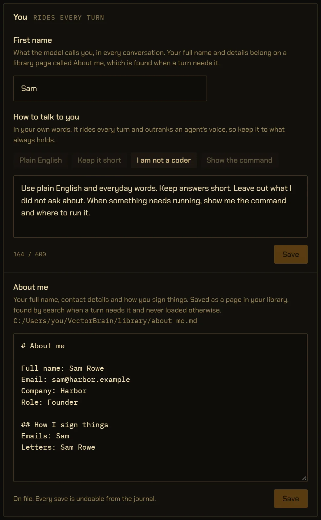 Settings, You. A first name, Sam, and a paragraph on how to talk to you at 164 of 600 characters, both riding every turn. Below, About me: a page at C:/Users/you/VectorBrain/library/about-me.md with a name, an email, a company, a role and how to sign things.