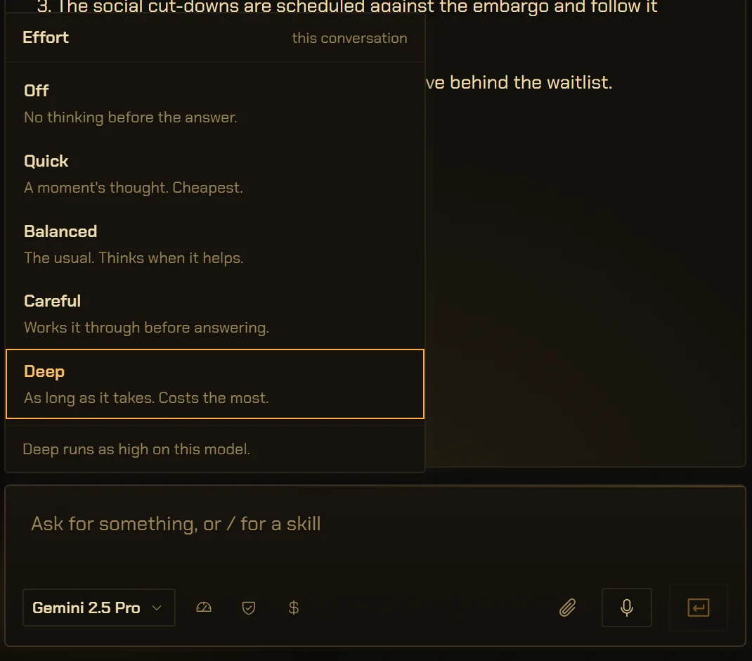 The Effort popover for one conversation: Off, Quick, Balanced, Careful and Deep, each with a one-line description. Deep is selected, the line under the list says “Deep runs as high on this model.”, and the composer below is set to Gemini 2.5 Pro.