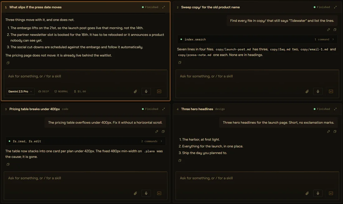Four conversations side by side in Panes: a launch plan, a copy sweep, a pricing-table fix tagged code and three hero headlines tagged design, the playbooks those two have loaded. The focused one shows its own controls under its composer: Gemini 2.5 Pro, Deep, Normal, and a $5.00 ceiling.