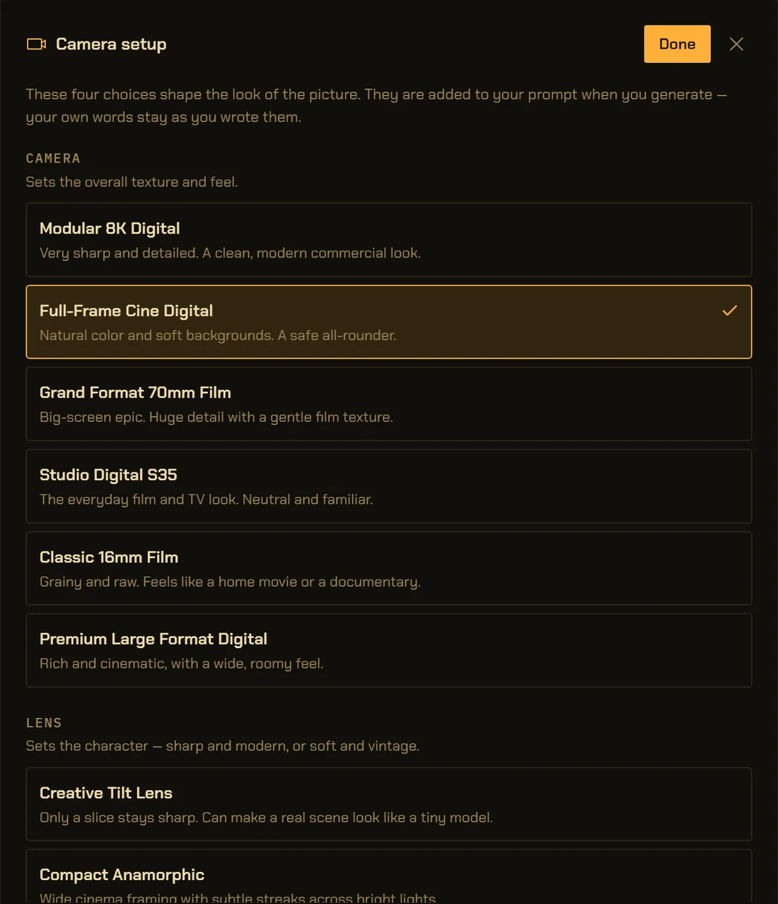 The Camera setup window. It says the choices are added to your prompt when you generate and your own words stay as you wrote them. Six camera bodies, each with a one-line description, Full-Frame Cine Digital ticked, and the lens list beginning below.