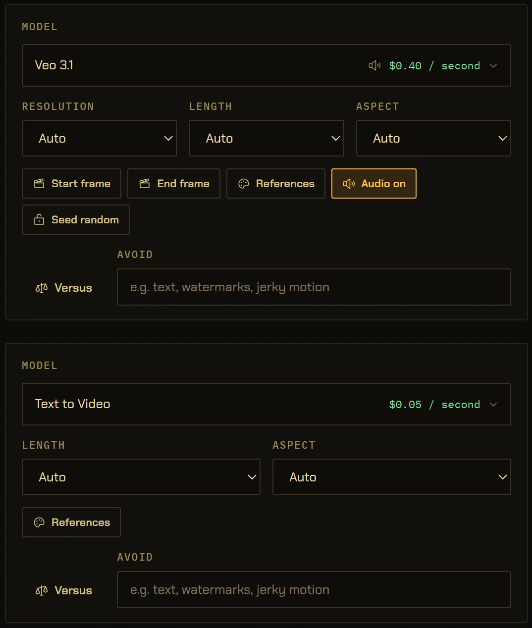 The Studio’s Video tab with two models. With Veo 3.1 at $0.40 a second, the panel offers resolution, length, aspect, start frame, end frame, references, audio and a seed. With a text-only example model at $0.05 a second, only length, aspect and references remain.