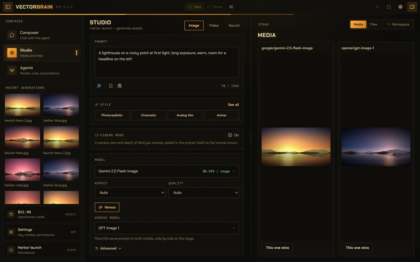VectorBrain’s Studio. On the left, the Image tab with a prompt for a lighthouse at first light, the Gemini 2.5 Flash Image model at $0.039 an image, and Versus switched on against GPT Image 1. On the right, the stage shows both results side by side, each with a button to pick it as the winner.