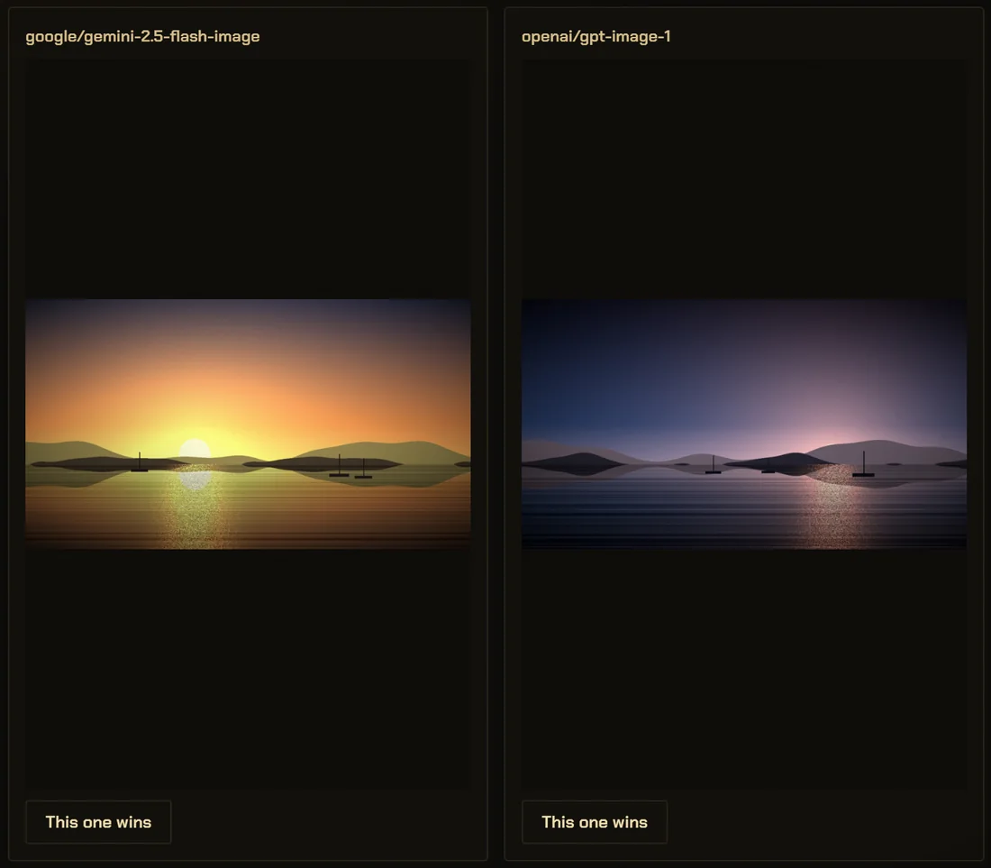 The stage during a Versus: the same lighthouse prompt made by google/gemini-2.5-flash-image on the left and openai/gpt-image-1 on the right, each with a “This one wins” button underneath.