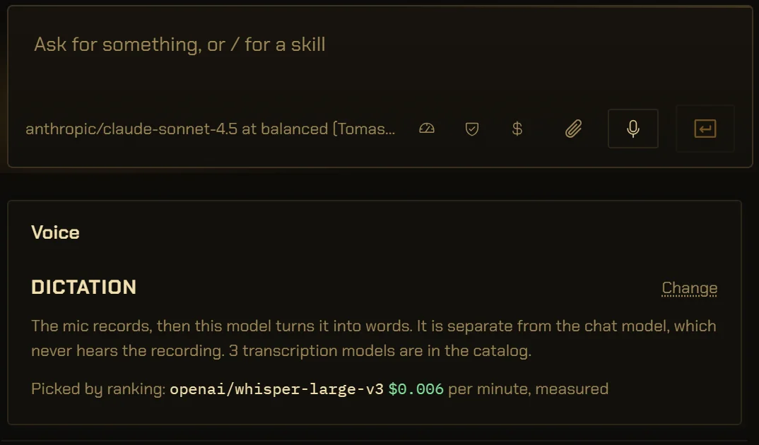 The composer with its mic button beside Send, and below it Settings, Voice, Dictation: the mic records, then this model turns it into words, separate from the chat model, which never hears the recording. Picked by ranking: openai/whisper-large-v3, $0.006 per minute, measured.