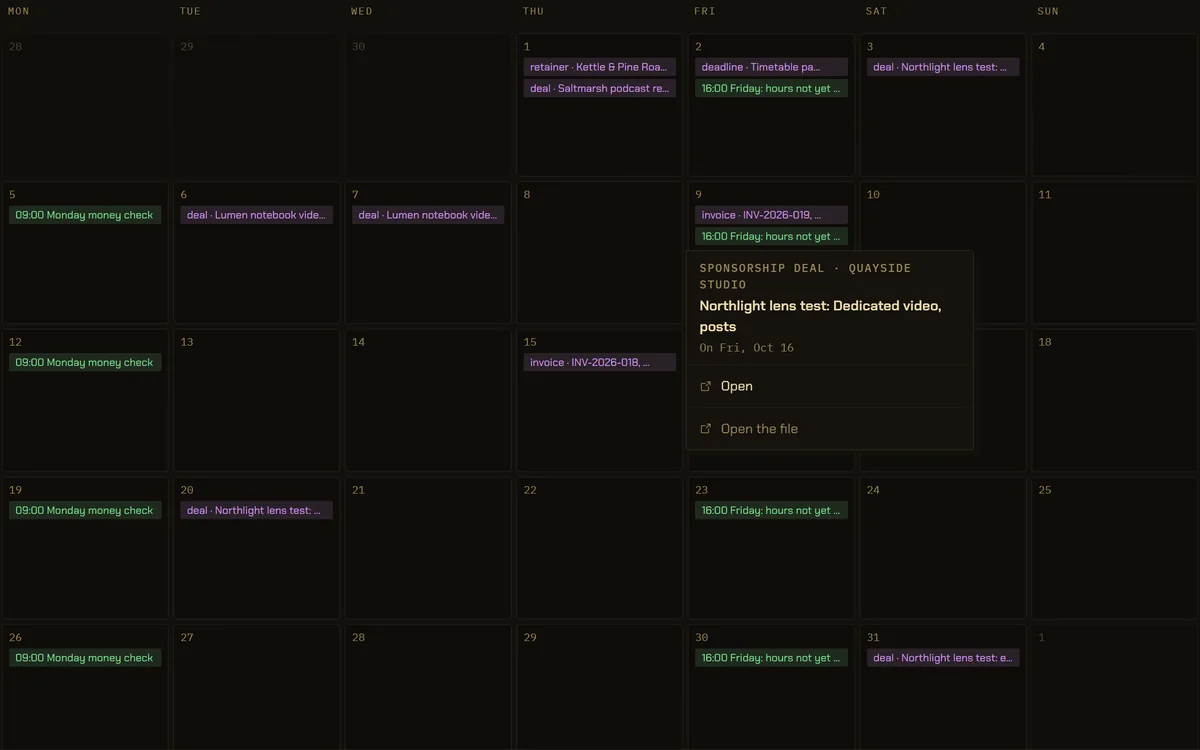 The Calendar for October 2026. Purple chips for the business: a retainer and a podcast test read on the 1st, a deadline on the 2nd, a lens shoot on the 3rd, a notebook video on the 6th and 7th, invoices due on the 9th and 15th, and more deal dates on the 16th, 20th and 31st. Green chips for two weekly automations. One chip is open: sponsorship deal, Northlight lens test: Dedicated video, posts, on Friday 16 October, with Open and Open the file.